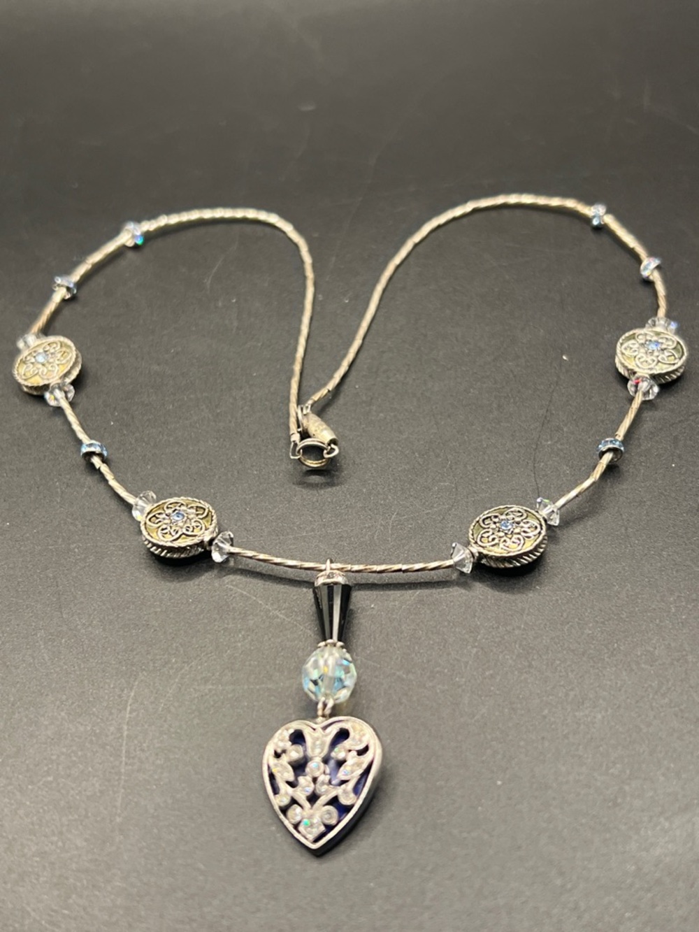 Silver Tone Heart Filigree Pendant Necklace